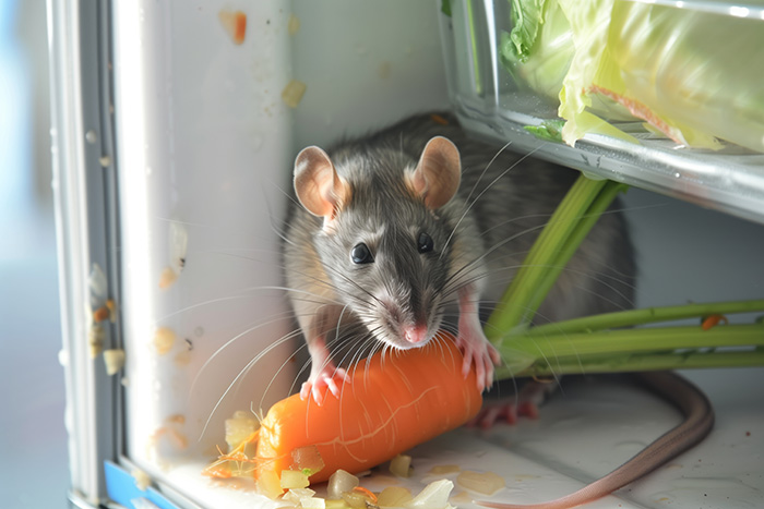 Un rat fouillant dans un réfrigérateur.
