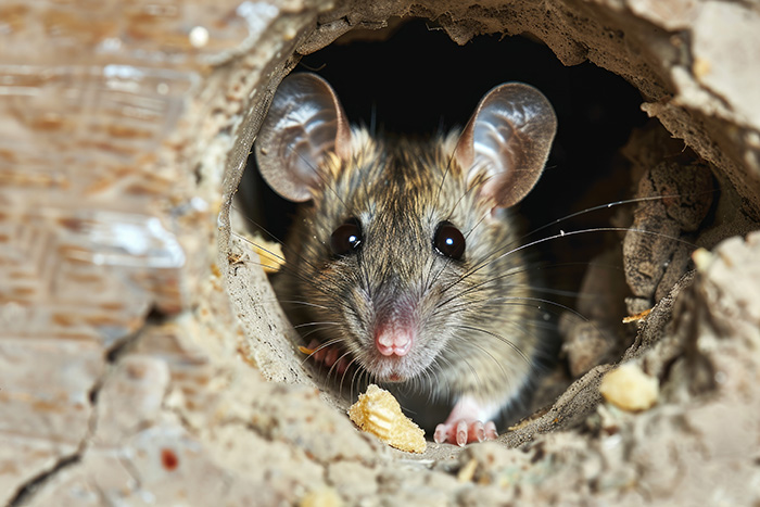 Un rat sort d'une ouverture d'accès.