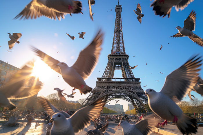 Pigeon en plein vol se dirigeant vers la Tour Eiffel à Paris.