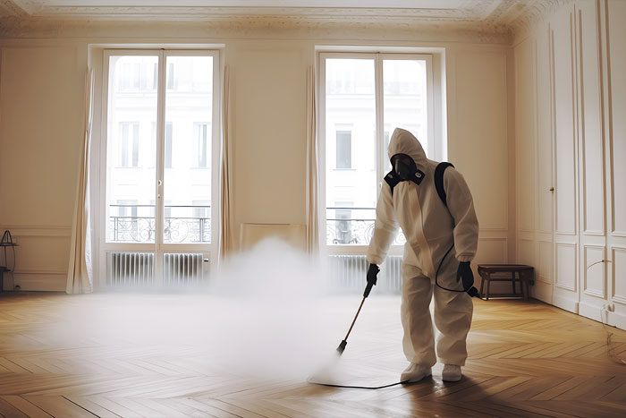 Exterminateur professionnel éliminant les punaises de lit dans un appartement typique de Paris.